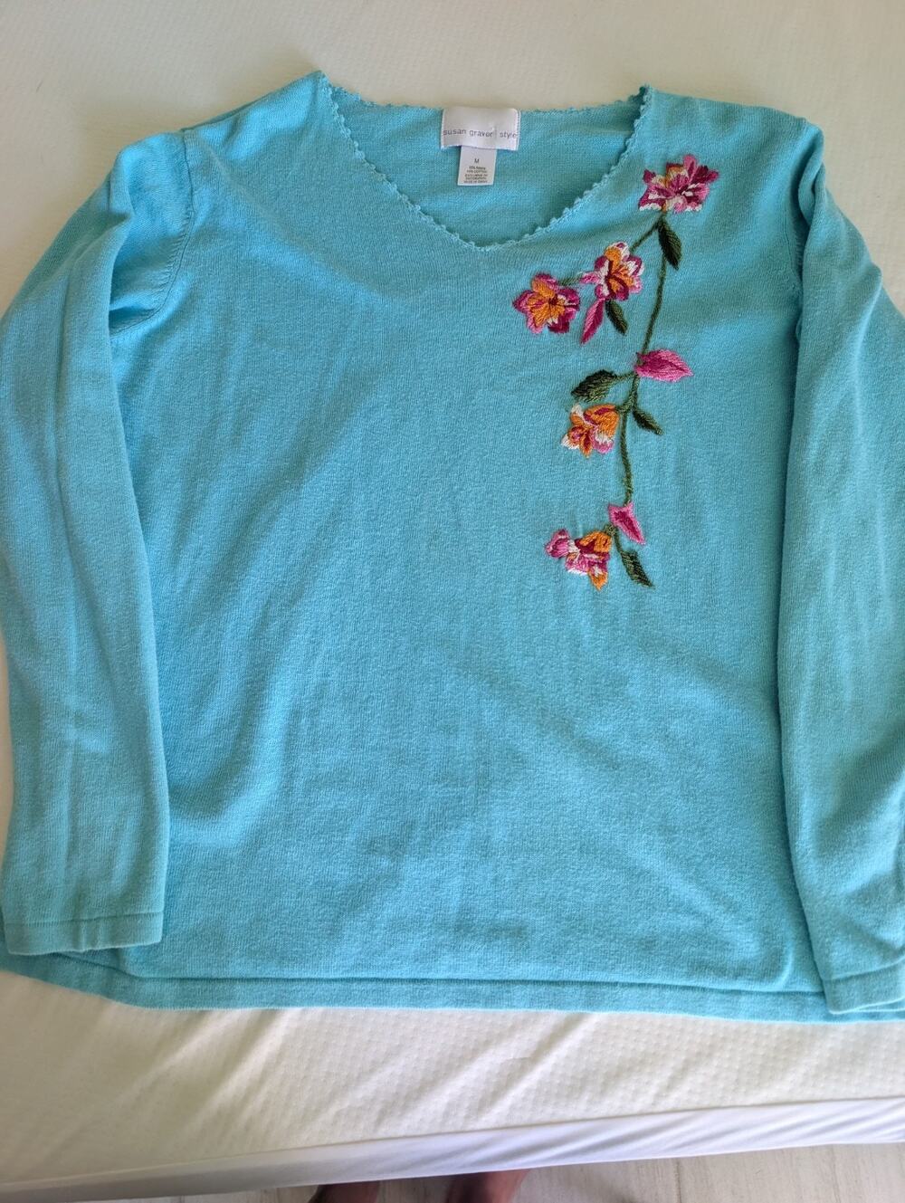 Susan Graver Sweater M Turquoise Floral Embroidery Long Sleeve , Cottagecore